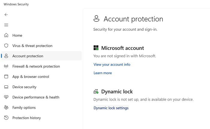 Click on "Dynamic lock settings" under "Account protection" in Windows Security app.