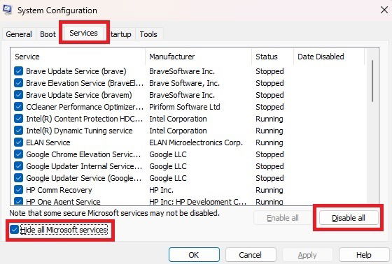 Disabling non-essential services in msconfig.