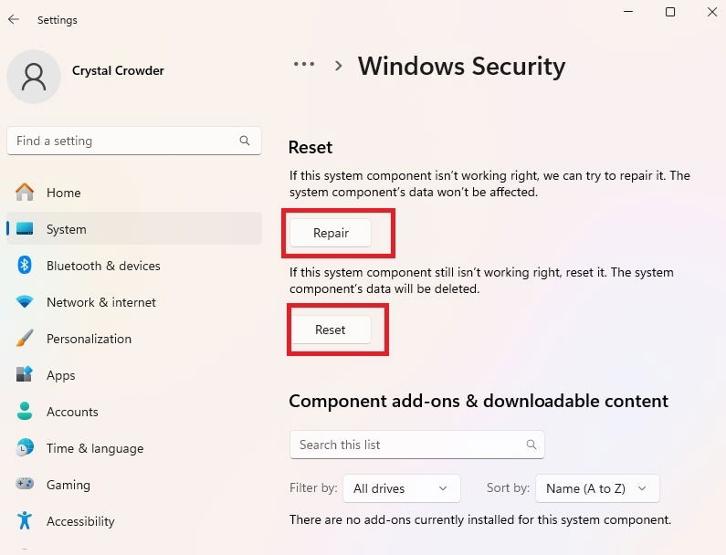 Repairing and resetting Windows Security.