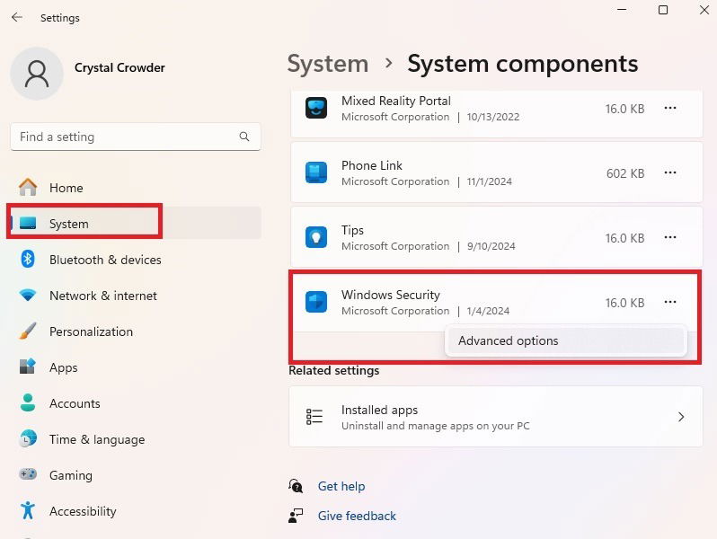 Opening Advanced Options for Windows Security in Settings.