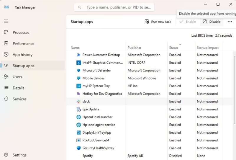 Disabling startup apps in Task Manager to fix Windows Security not opening.