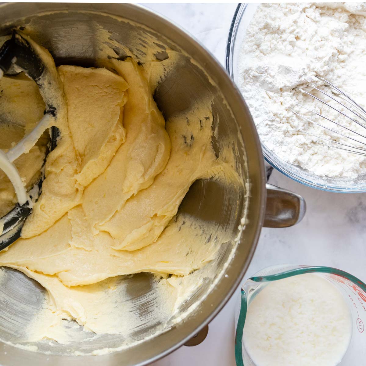 batter, flour, and buttermilk mixture.