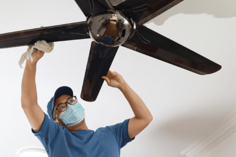 Cleaning ceiling fan fins.