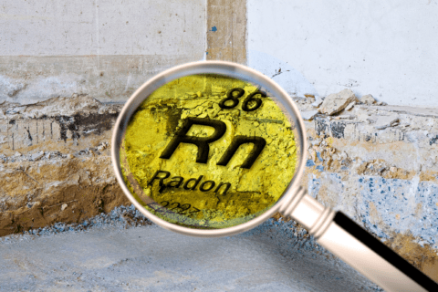 Radon gas sign overlaid on picture of basement.