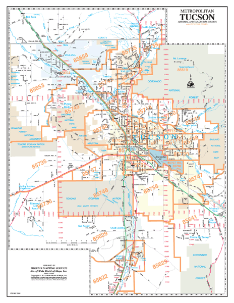 Tuscon Metropolitan Arterial and Collector Streets Zip Code Wall Map by ... image.