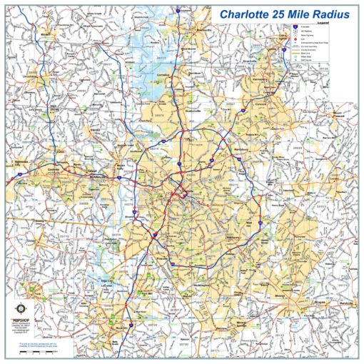 Charlotte 25-Mile Radius Wall Map by MapShop