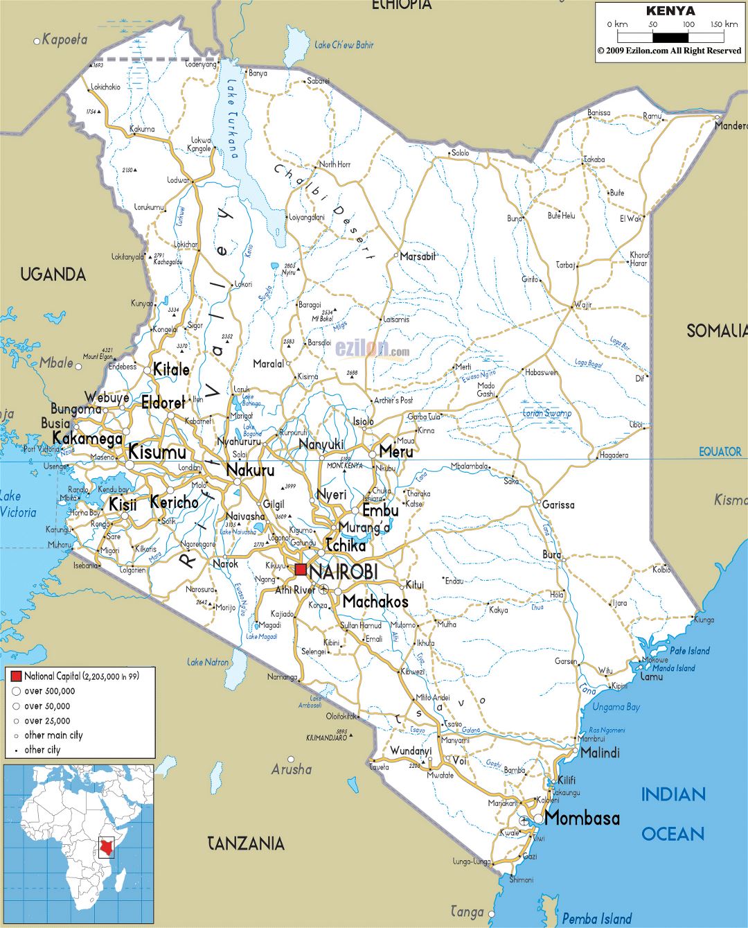 Large road map of Kenya with cities and airports | Kenya | Africa ...