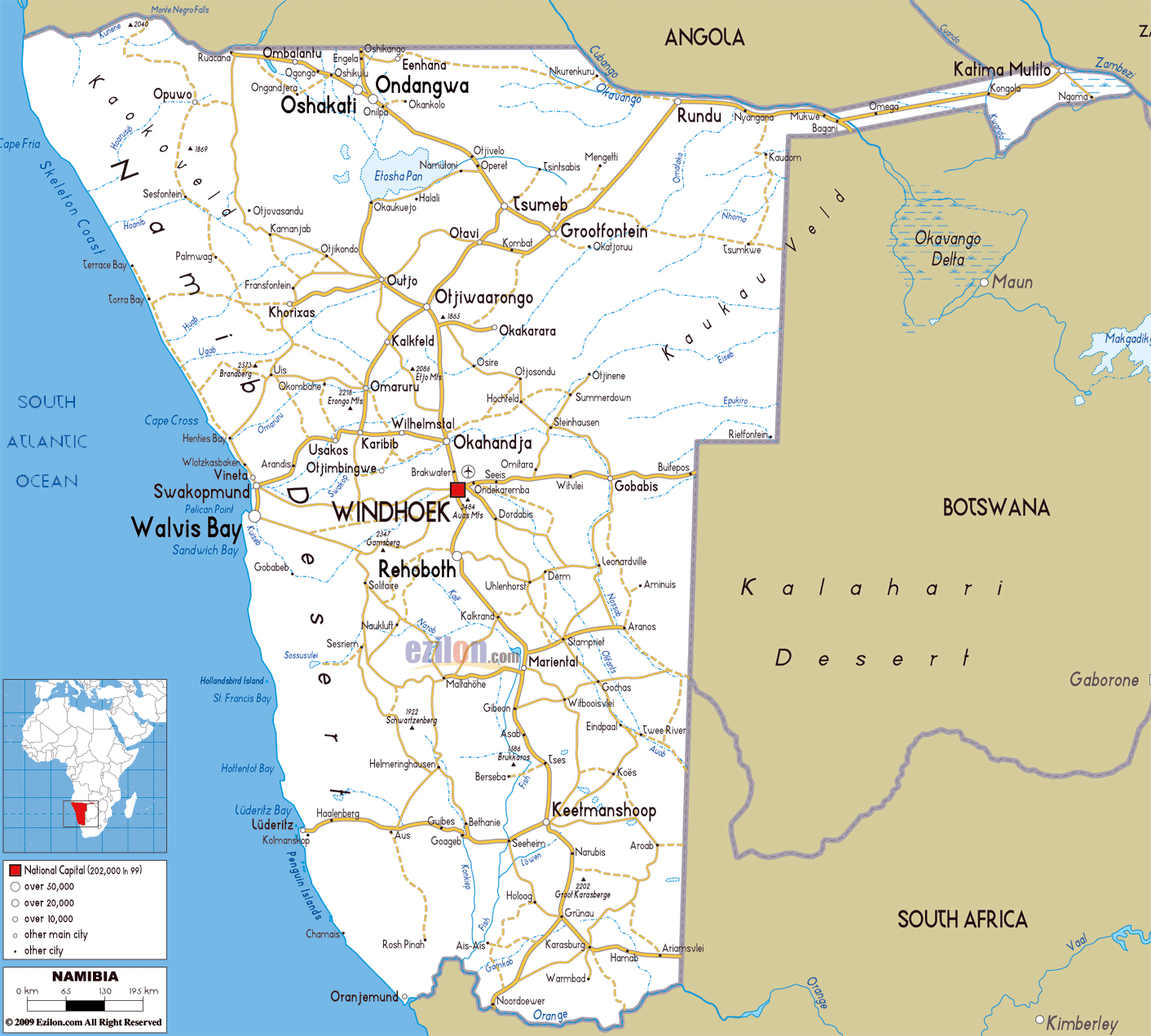 Large road map of Namibia with cities and airports | Namibia | Africa ...