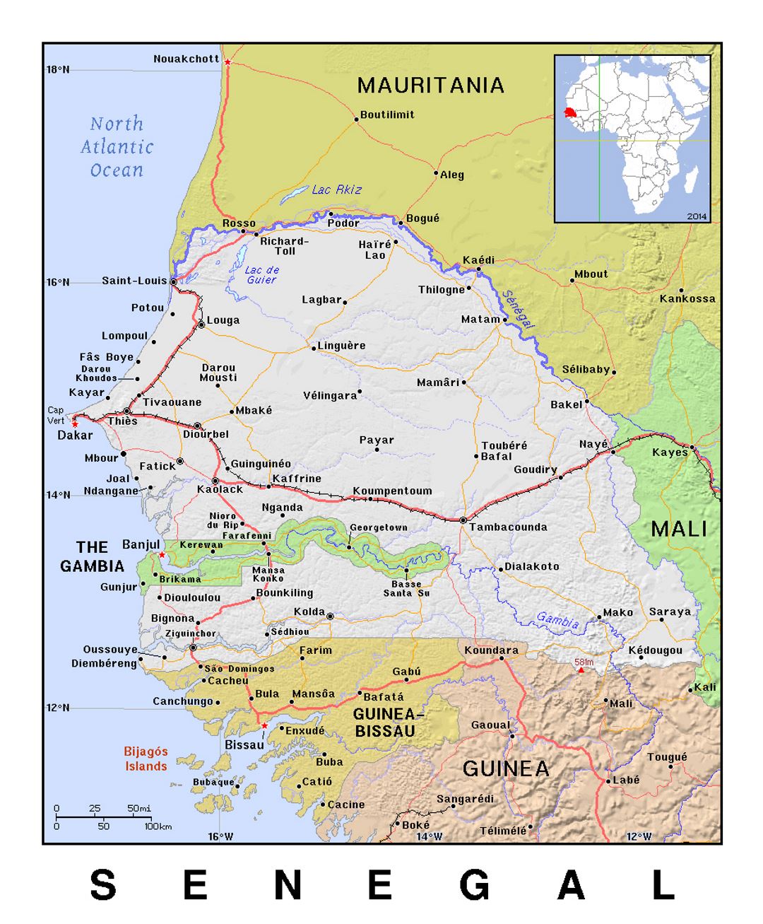 Detailed political map of Senegal with relief | Senegal | Africa ...