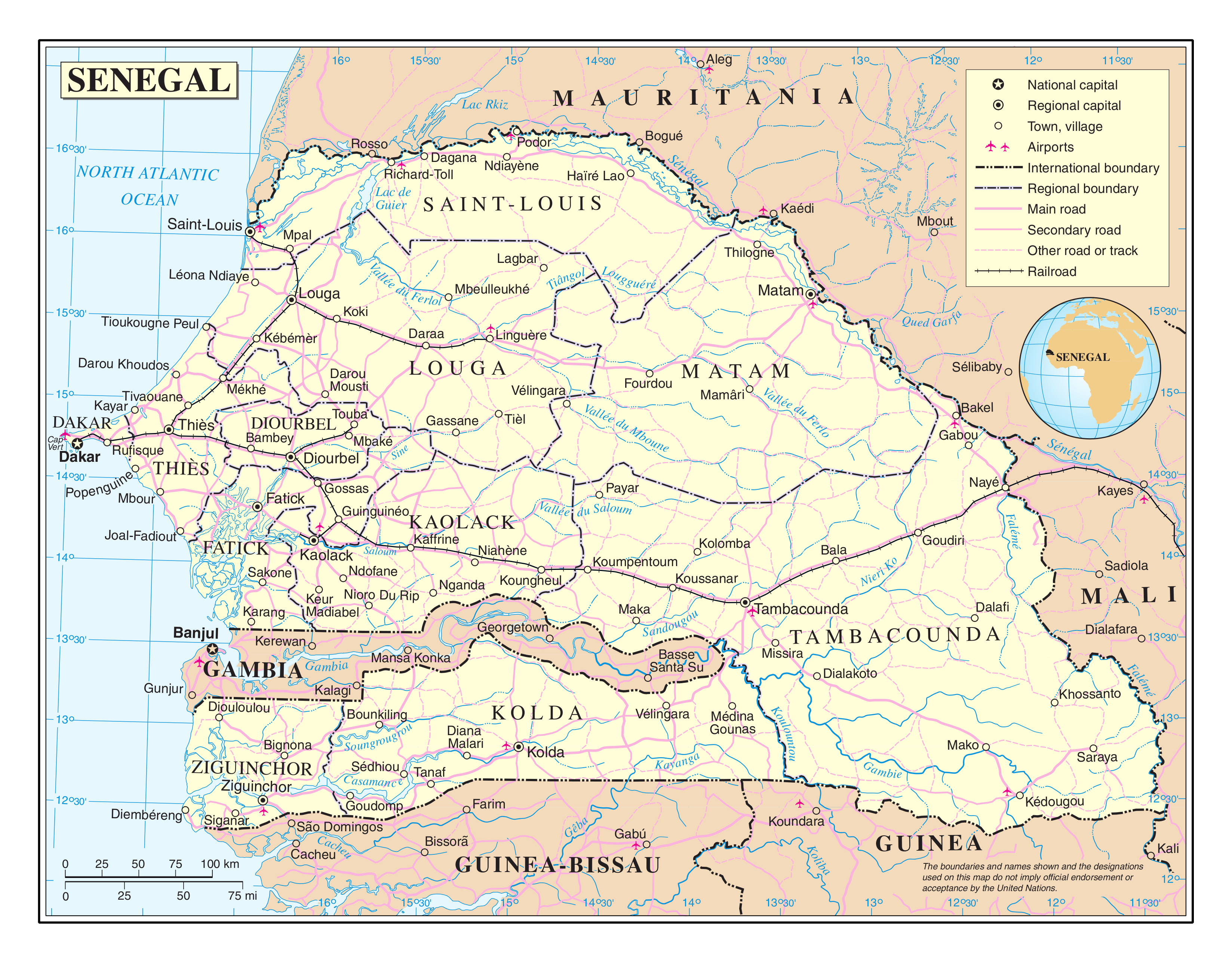 Large detailed political and administrative map of Senegal with roads ...