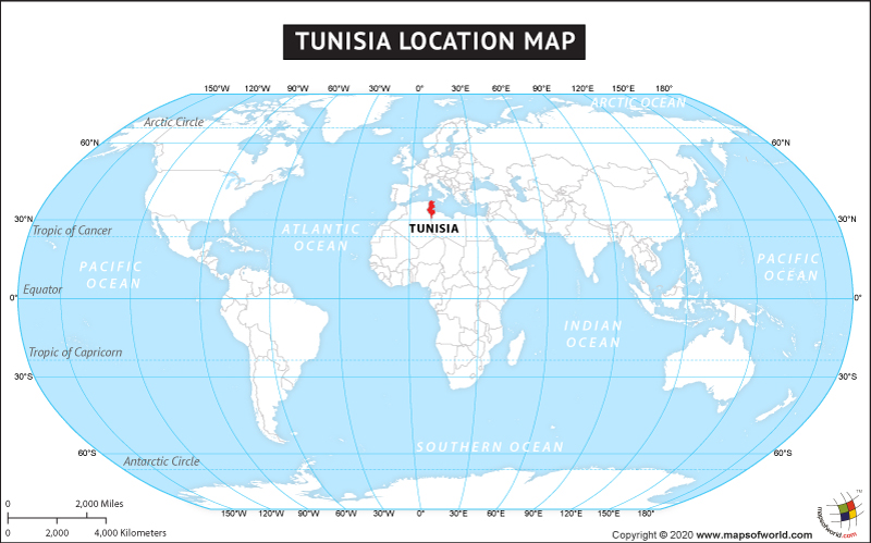 Map of World Depicting Location of Tunisia