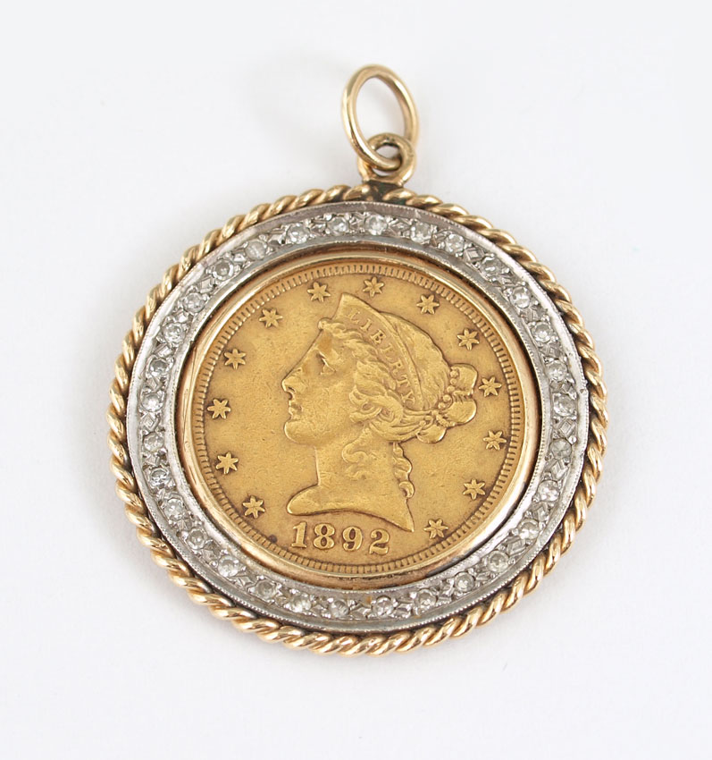 1892 US GOLD FIVE DOLLAR COIN PENDANT: