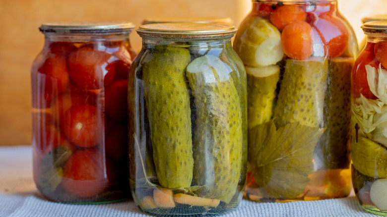 Various pickled foods in jars