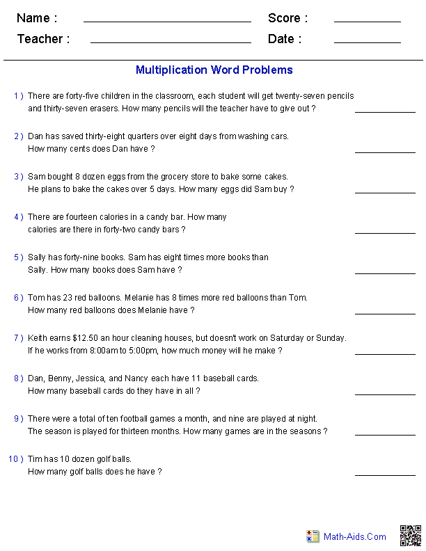 Word Problems Worksheets | Dynamically Created Word Problems