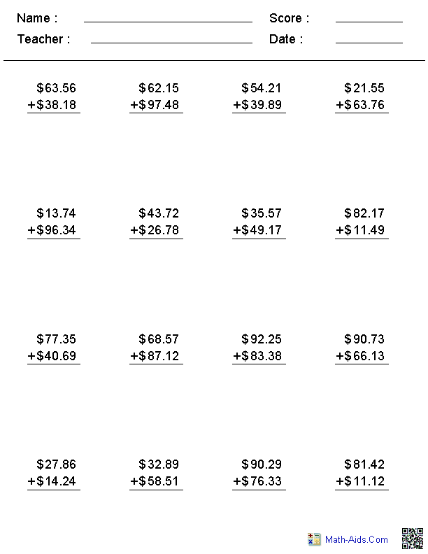 Addition Worksheets | Dynamically Created Addition Worksheets