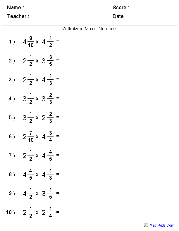 Multiply Mixed Numbers Worksheets