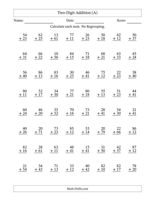 Two-Digit Addition -- No Regrouping -- 64 Questions (A) Addition Worksheet