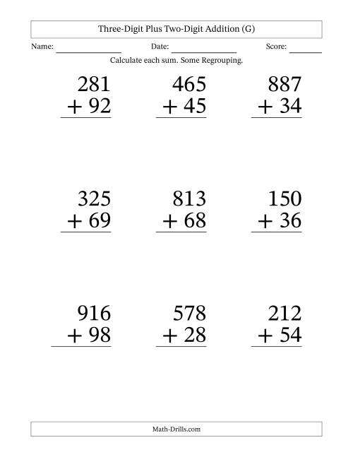 Three-Digit Plus Two-Digit Addition -- 9 Questions (G)