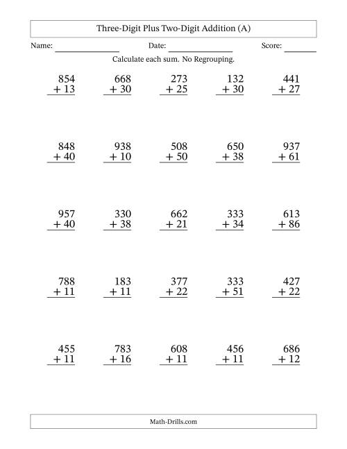 3-Digit Plus 2-Digit Addition with NO Regrouping (A)