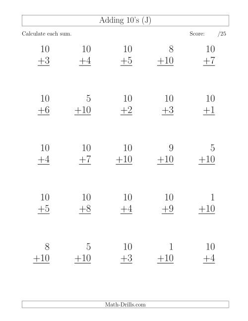 25 Vertical Adding Tens Questions (J)