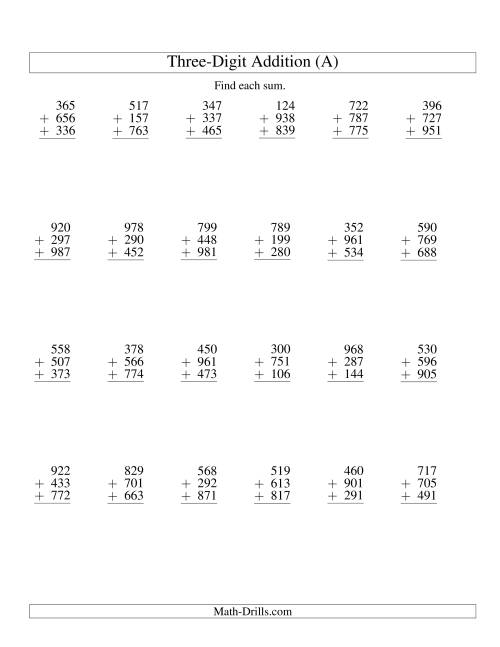 Column Addition -- Three Three-Digit Numbers (A)