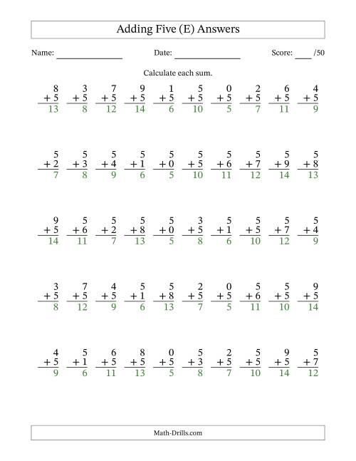 Single Digit Addition -- 50 Vertical Questions -- Adding Fives (E)