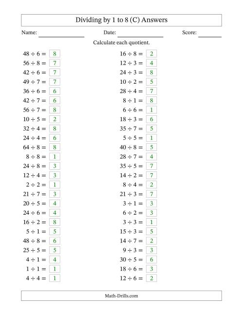 Horizontally Arranged Division Facts with Divisors 1 to 8 and Dividends ...