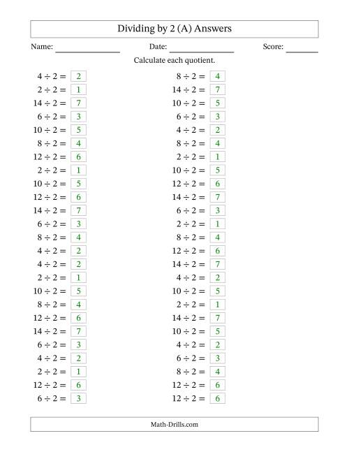 Horizontally Arranged Dividing by 2 with Quotients 1 to 7 (50 Questions ...