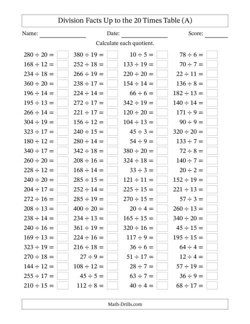 Horizontally Arranged Division Facts Up to the 20 Times Table (100 ...