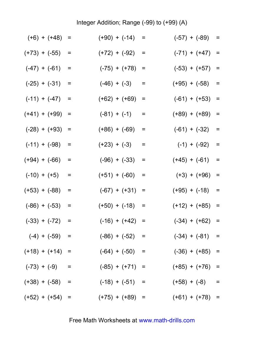 Adding And Subtracting Integers Worksheet