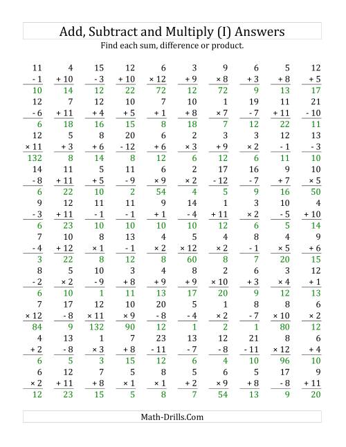 Adding, Subtracting and Multiplying with Facts From 1 to 12 (I)