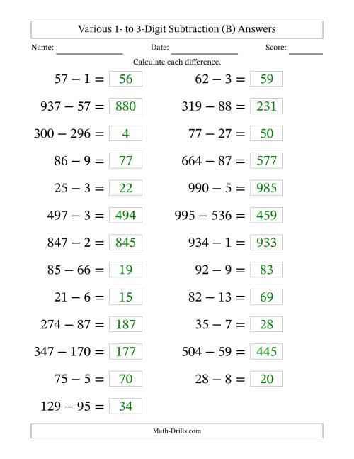 Horizontally Arranged Various One-Digit to Three-Digit Subtraction(25 ...