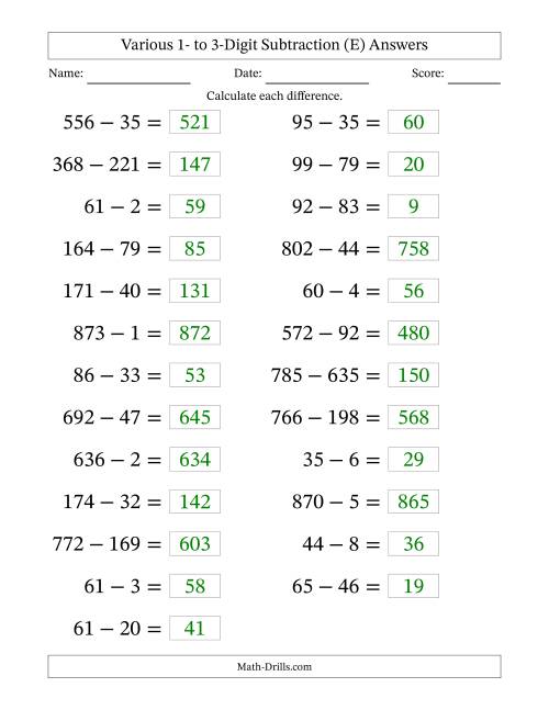 Horizontally Arranged Various One-Digit to Three-Digit Subtraction(25 ...