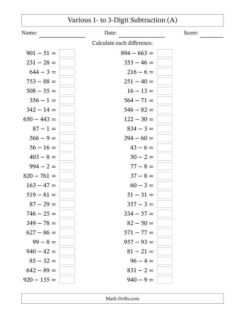 Horizontally Arranged Various One-Digit to Three-Digit Subtraction(50 ...