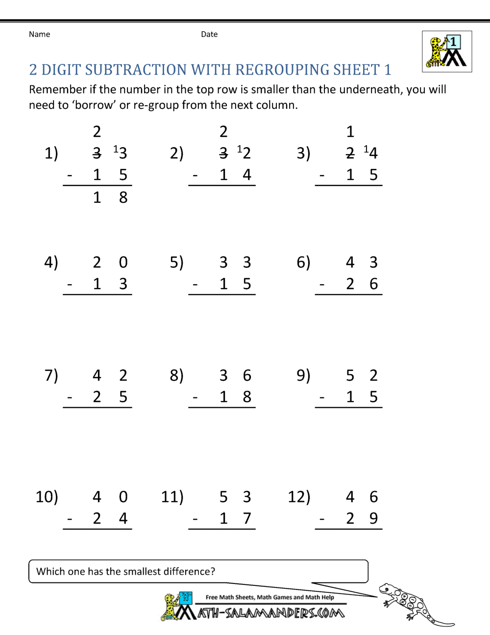 Subtracting 2 Digits With Regrouping