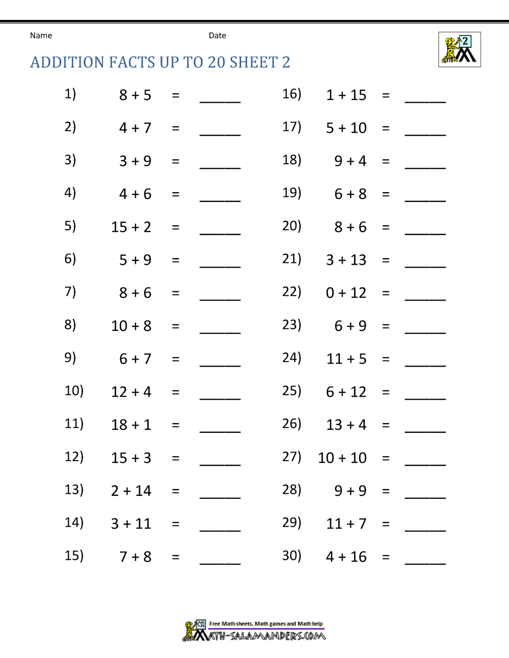 Math Addition Facts to 20