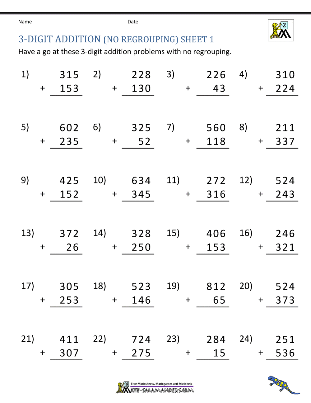 Adding Three Digit Numbers Without Regrouping