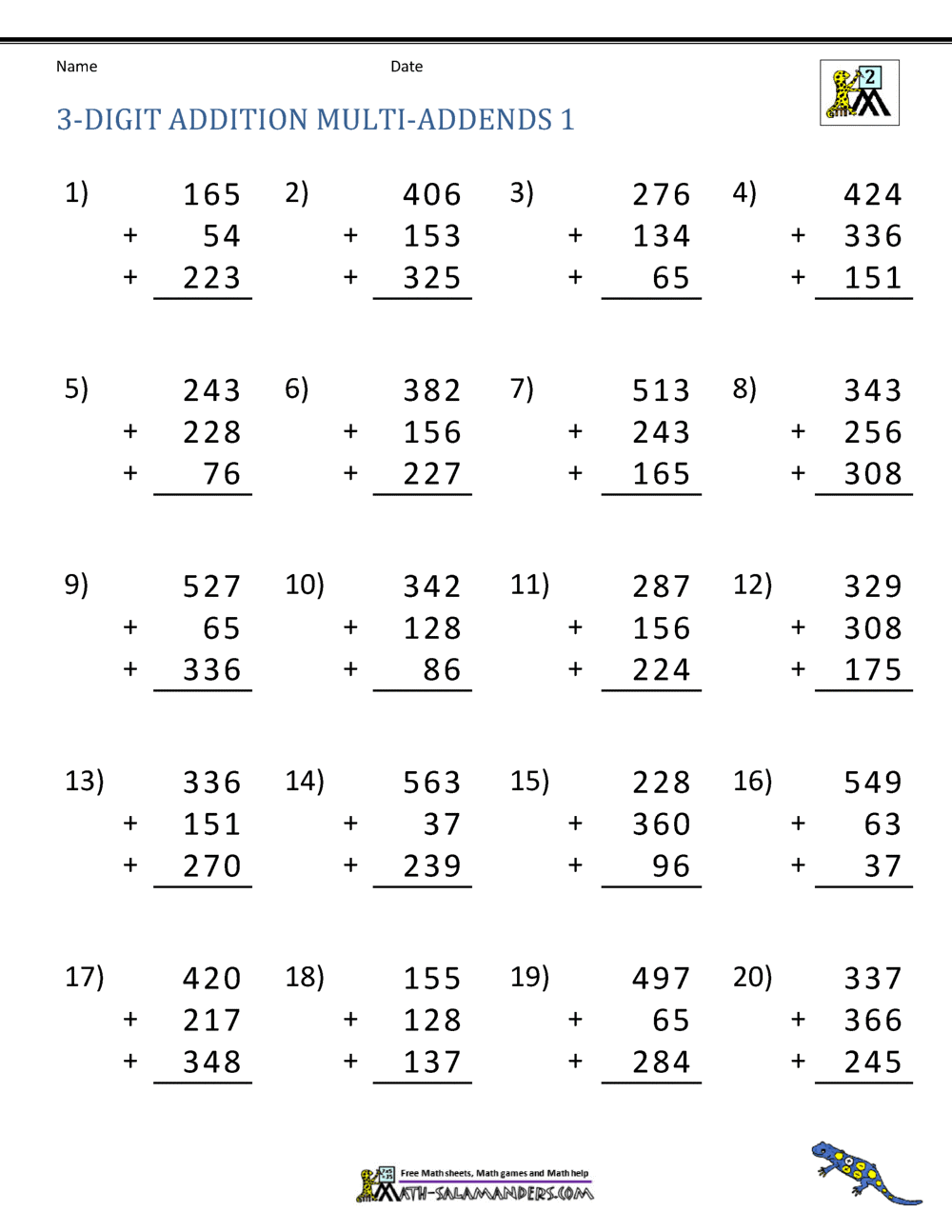 Adding 3-digit Numbers Worksheets