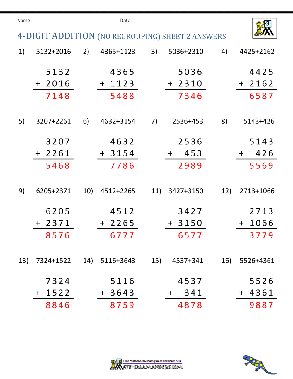 Addition 4 Digit Worksheets 3rd Grade