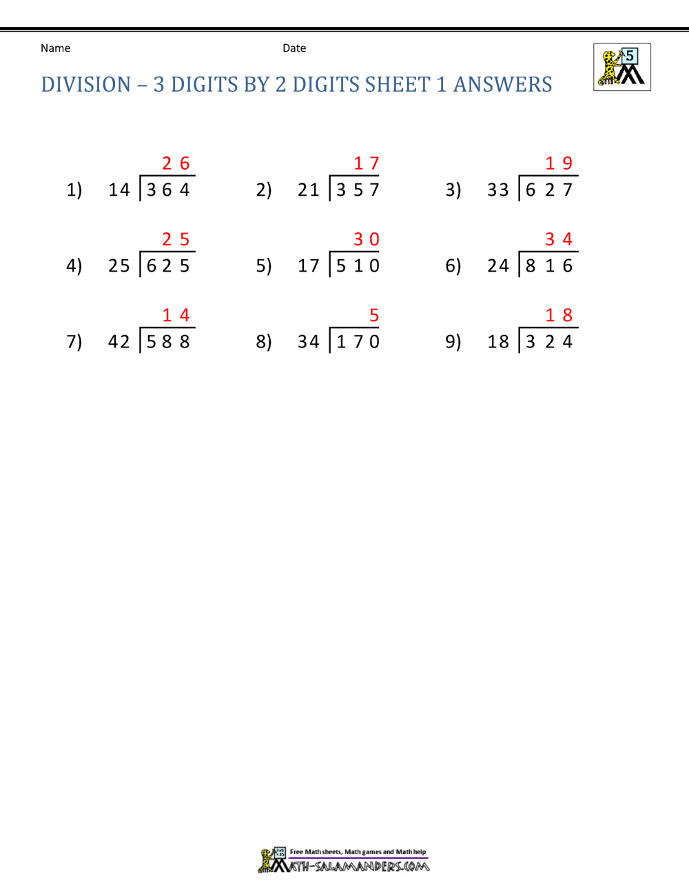 5th Grade Math Worksheets Long Division