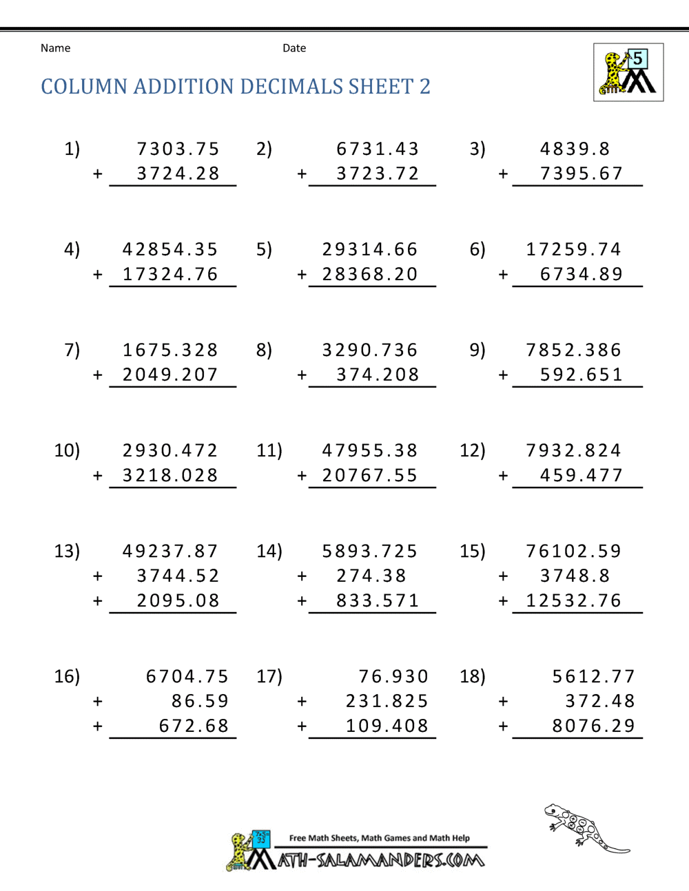 Adding Decimals Worksheet 5th Grade