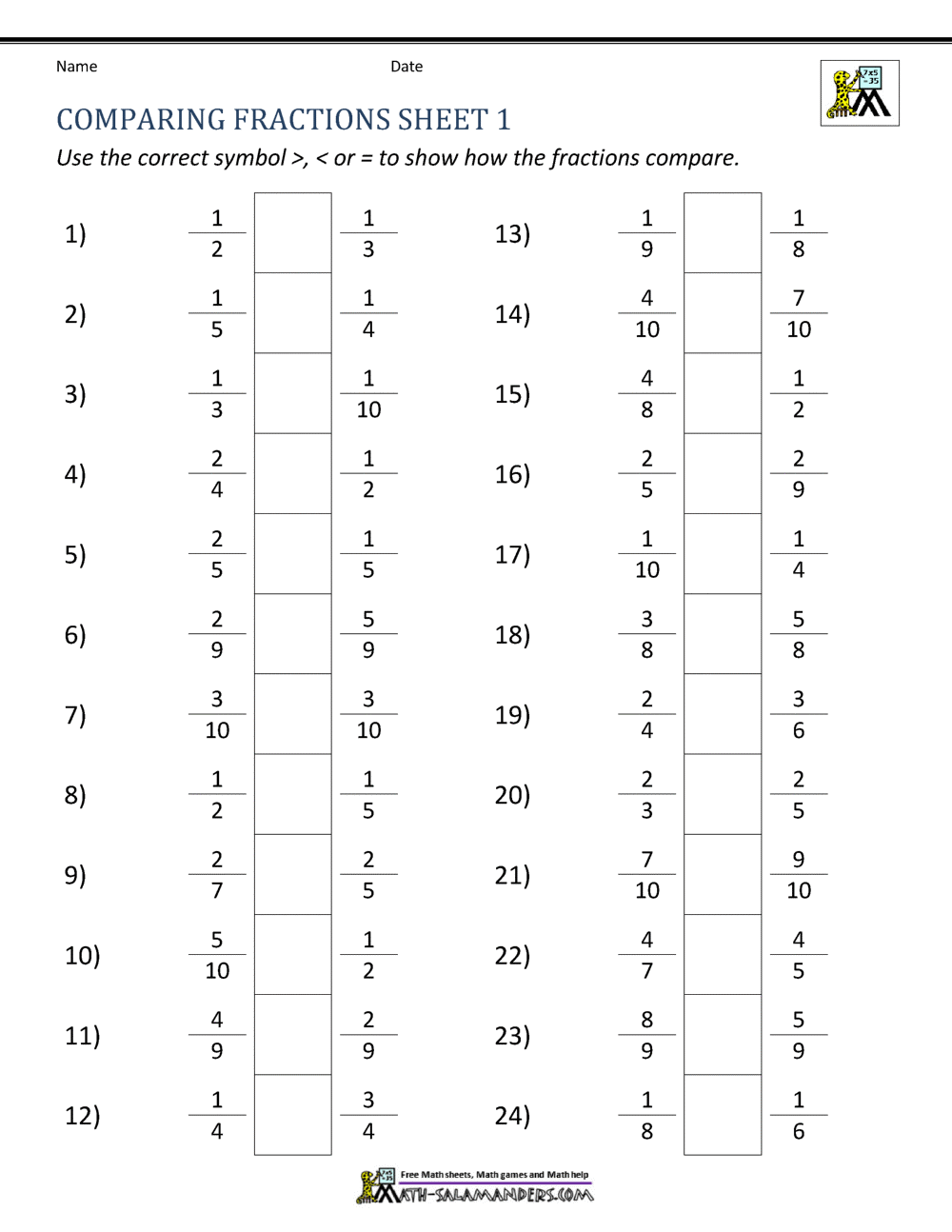 Worksheets Ordering Fractions