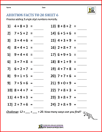 Addition Facts to 20 Worksheets