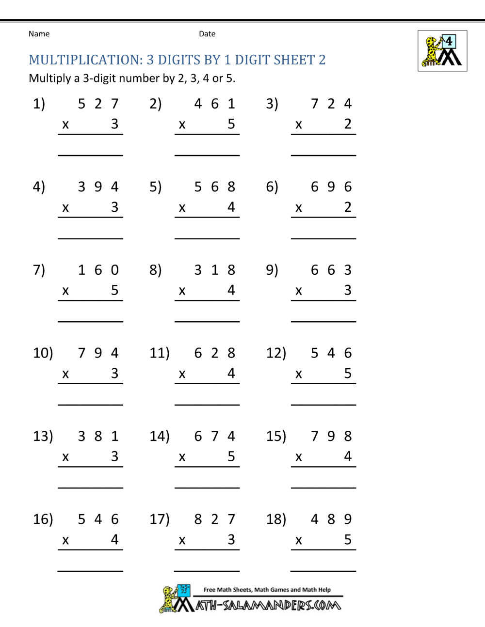 4Th Grade Multiplication Worksheets Free Printable