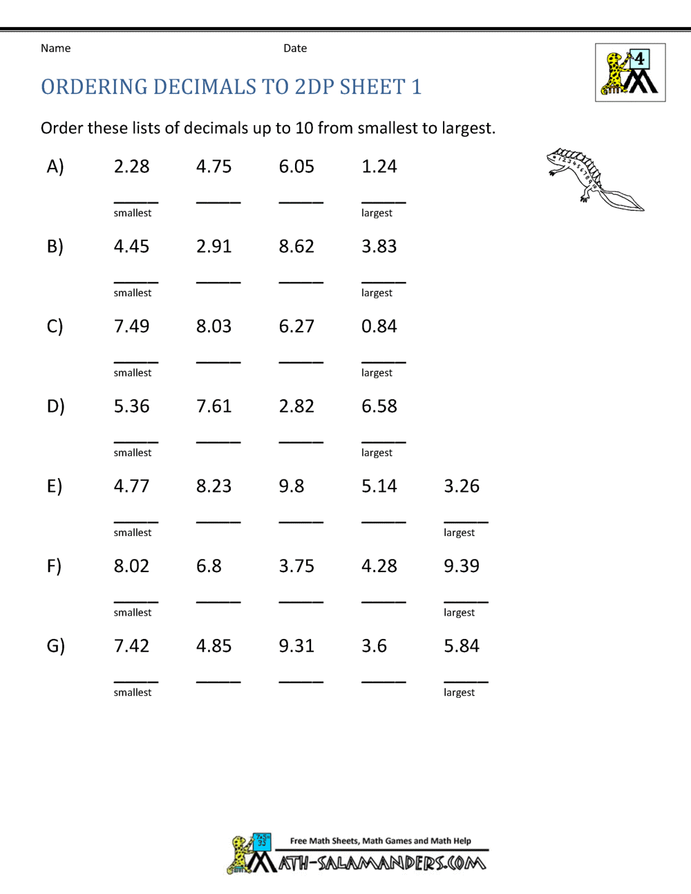 Math Worksheets 4th Grade Ordering Decimals to 2dp