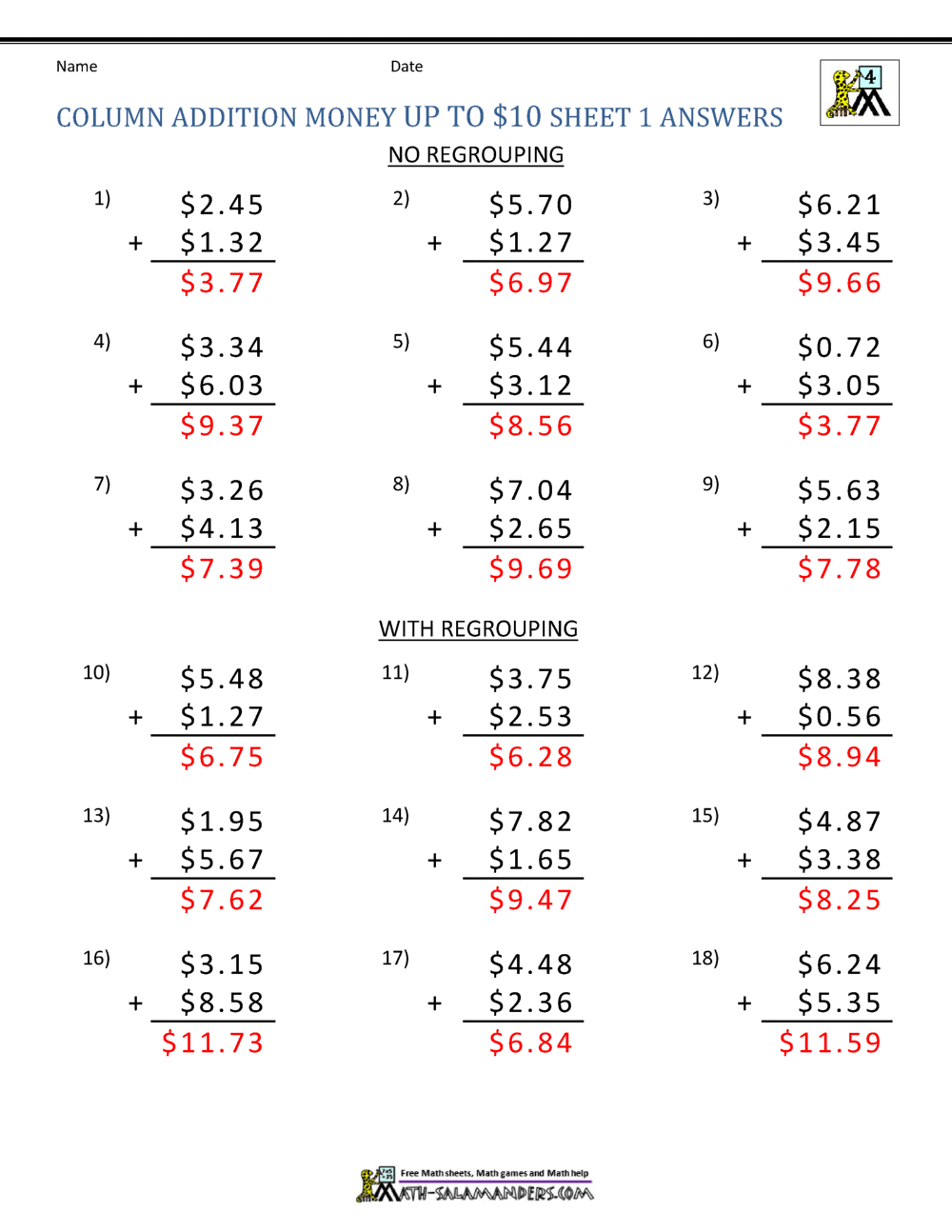 Money Addition Worksheet collection 4th Grade