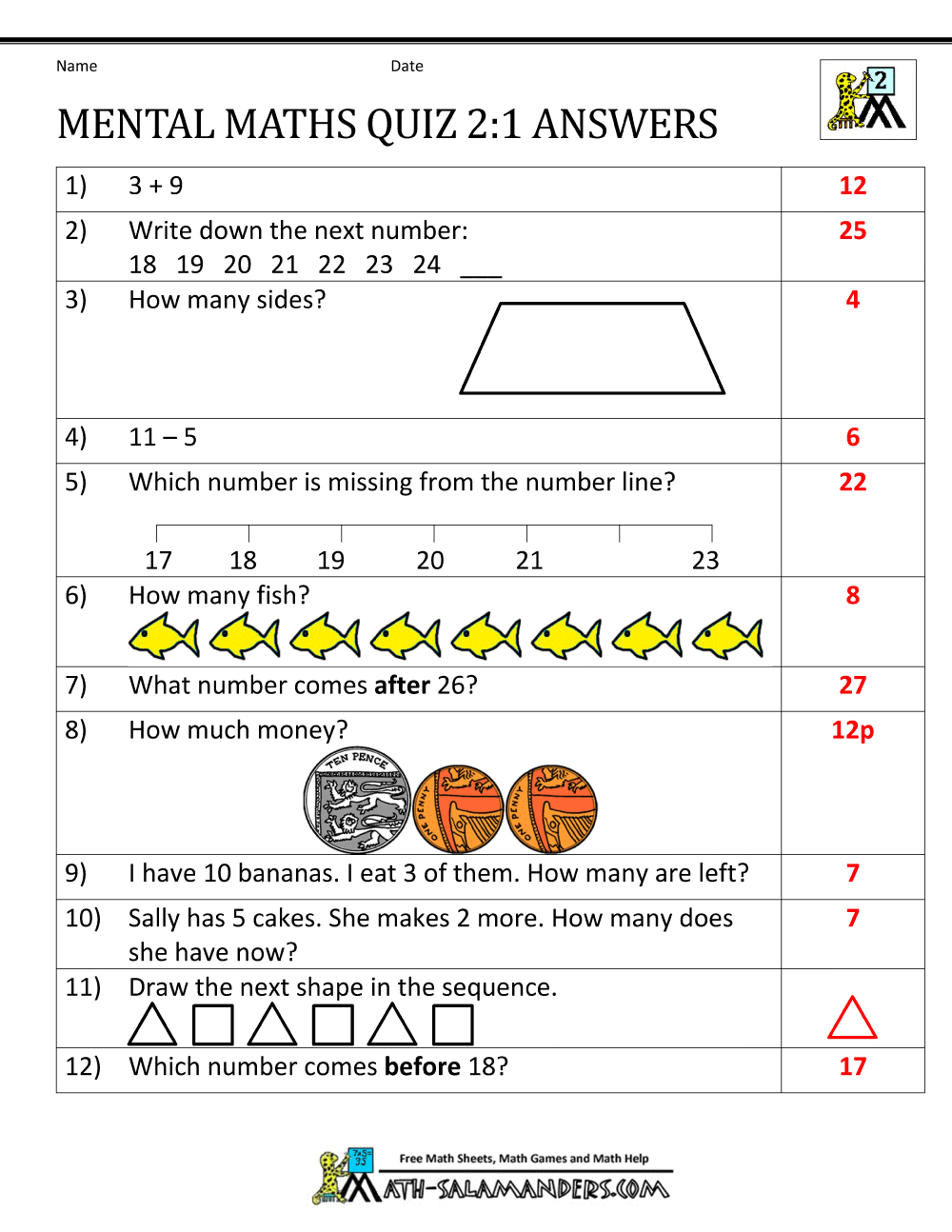 Printable Mental Maths Year 2 Worksheets