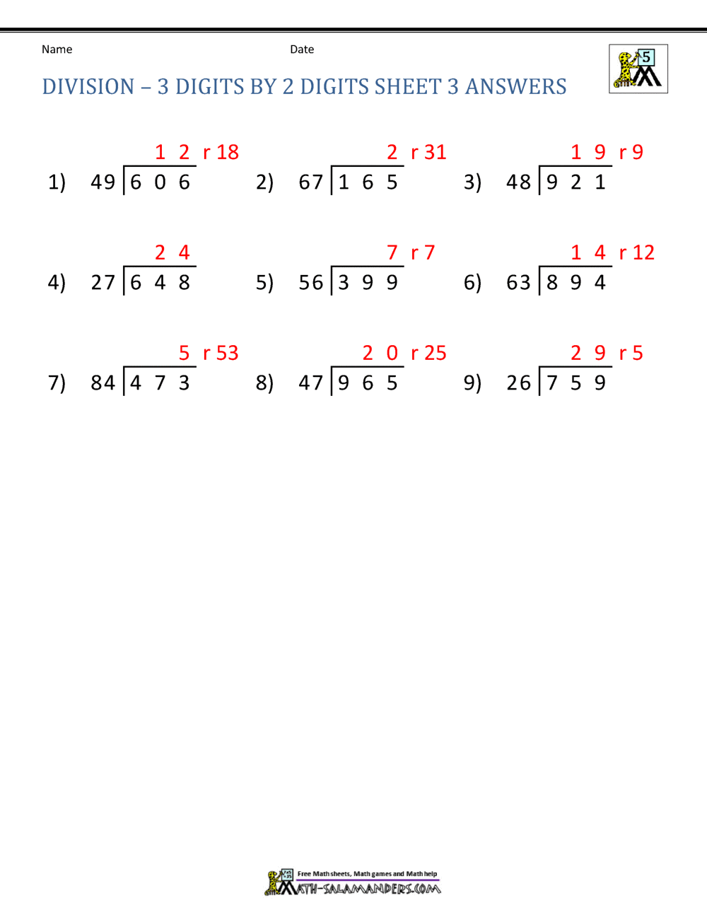 Division Problems For 5th Grade Students