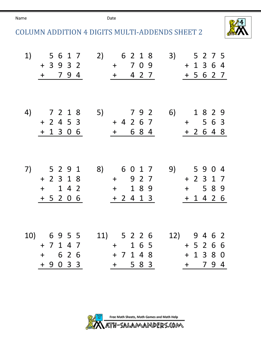 Free Math Addition Worksheets 4th Grade