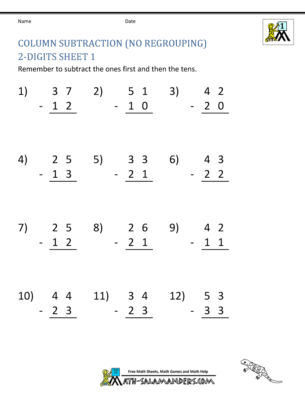 Two Digit Subtraction Without Regrouping Worksheets - Printable Word ...